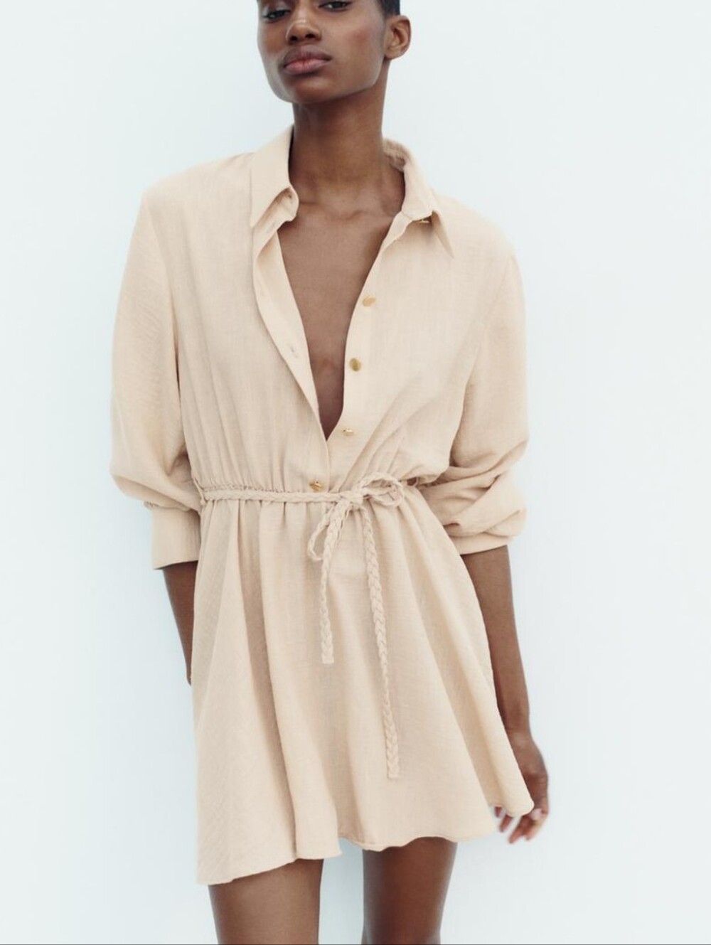 Zara Beige Braided-Tie Mini Shirt Dress Size Small